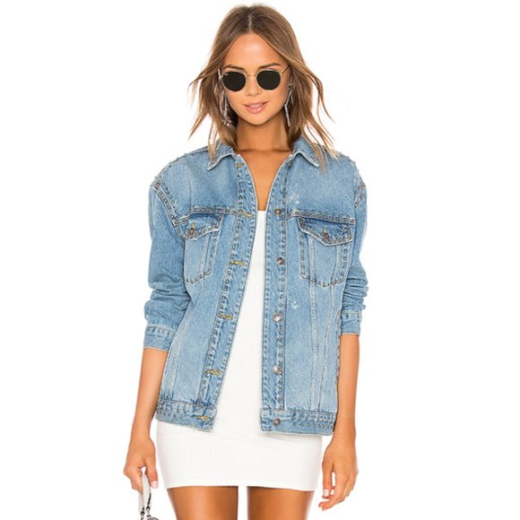NEW Free People Studded Denim Trucker Jacket - Picture 1 of 11